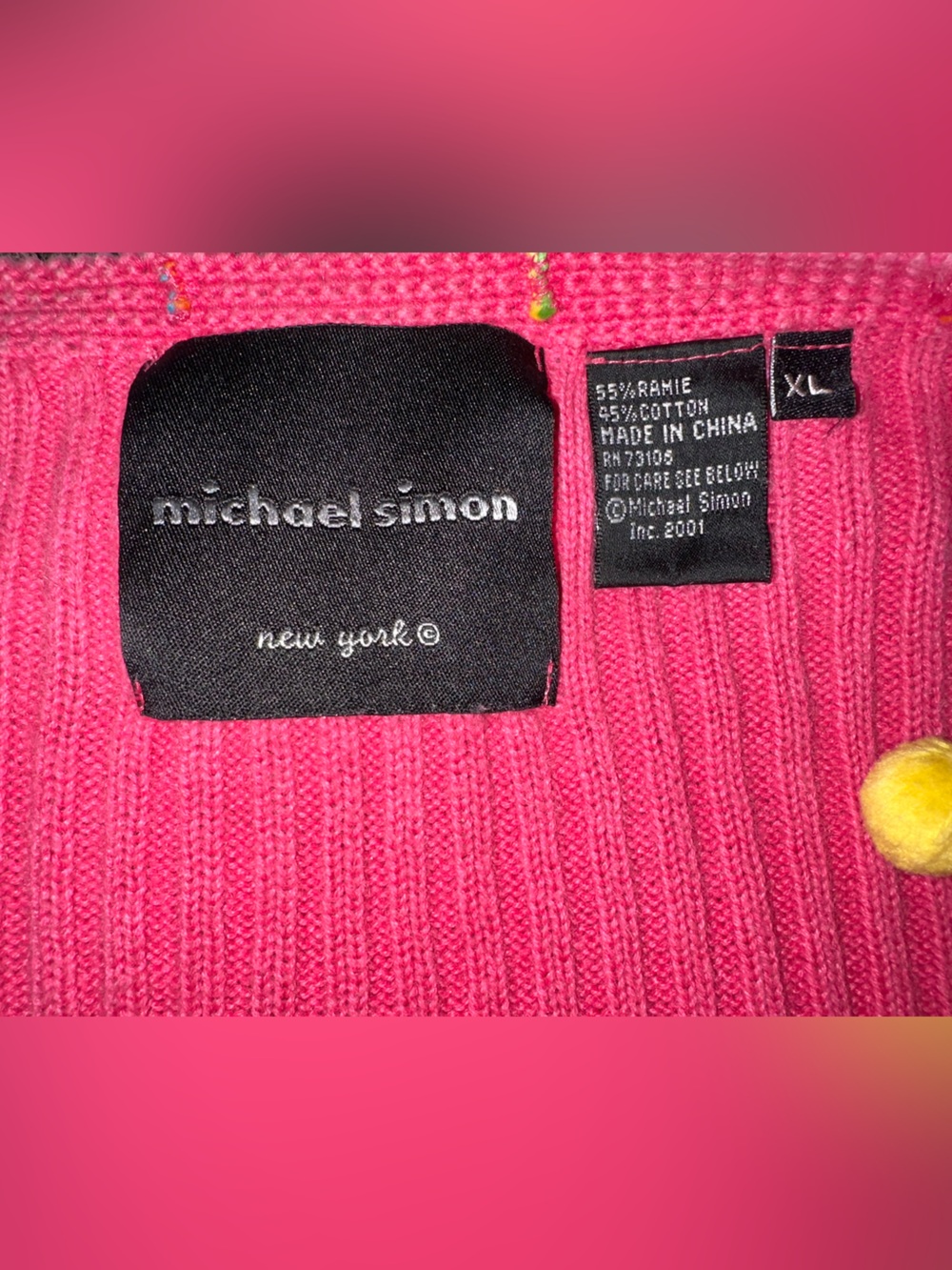 2001 Michael Simon Hot Pink Ribbed Cardigan Multicolor Pom Pom Accents X-Large - Picture 4 of 4